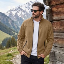 Men's Fleece Stand Collar Full Zip Jacket Casual Outerwear Side Pockets S-XXXL