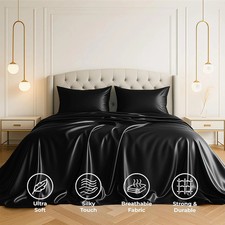 Satin Sheets Queen -Piece, Black Hotel Luxury Silky Bed Sheets - Extra Soft 18