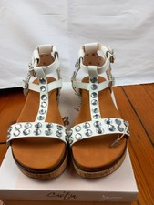 White Gladiator Sandals Size 3.5 Crystals Cork Flat Platform Sole Summer Holiday