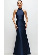 Alfred Sung High-Neck Halter Open-Back Satin Trumpet Dress In Midnight Navy Sz 8
