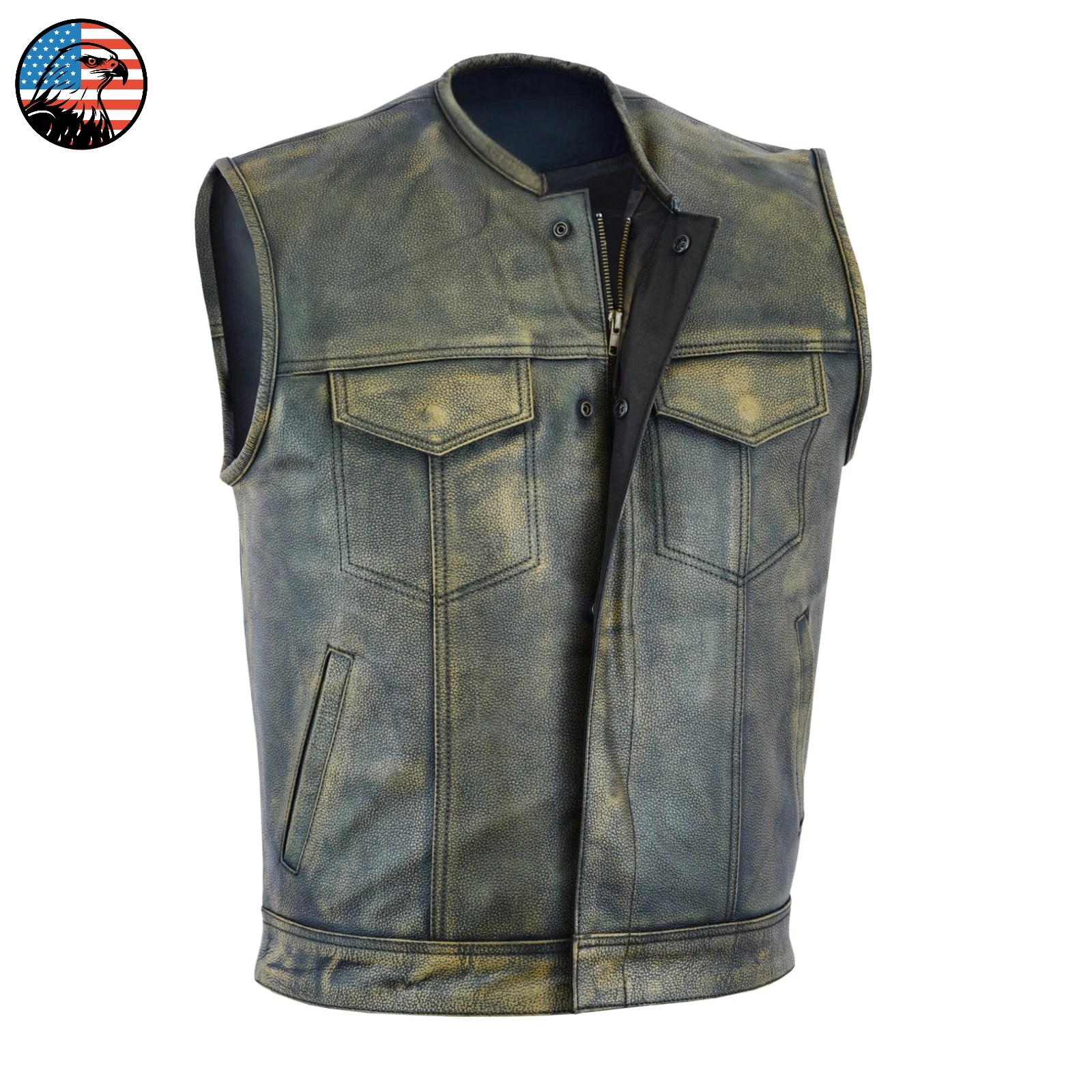 Men's SOA Vintage Olive Distressed Motorcycle Biker Leather Vest Gun Pockets USA