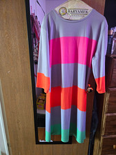 Multicolor Striped Polyester Jersey Shift Midi Dress Long Sleeve Round Neck XXL