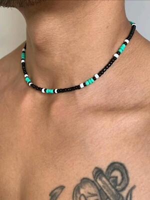 Bohemia Kokos Türkis Perlen Halskette für Herren Handarbeit Strang Halsreif Schmuck