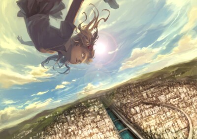 Anime landscape falling cityscape girls sky CCG Gaming Mat Desk