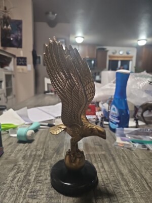 Brass American Bald Eagle Statue  Sculpture Spread Wings Black Marble Base 1970s