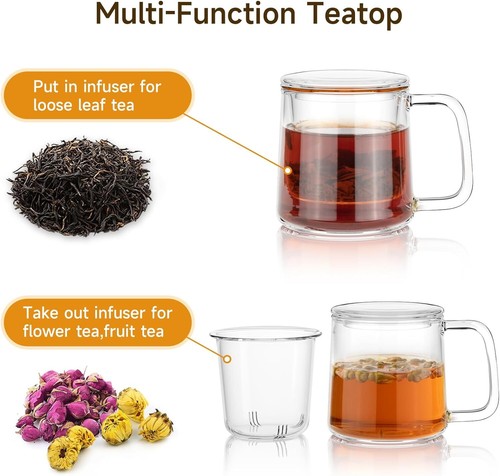 Taza de té de vidrio con mango de tapa infusora de vidrio 430 ml / 14,5 oz calentador seguro, transparente EE. UU. - Imagen 3 de 7