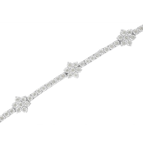 1 Carat Real Diamond Floral Station Tennis Bracelet in Sterling Silver - 7.5" - Picture 3 of 7