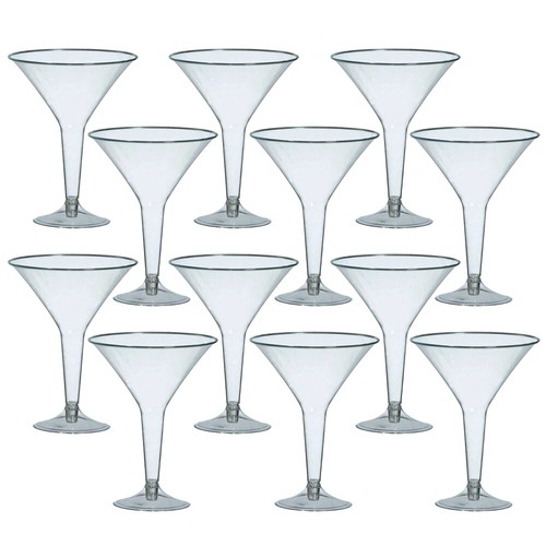 12 LARGE PLASTIC DISPOSABLE CLEAR MARTINI GLASSES, COCKTAIL PARTY DRINKS GLASSES