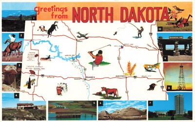 Postcard ND North Dakota Map Cartography Coal Fields Bronco Busting Badlands