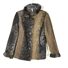 Lindi Women's Button Down Ruffle Mock Neck Silk Jacket Sz M Patch Work Brown Hk