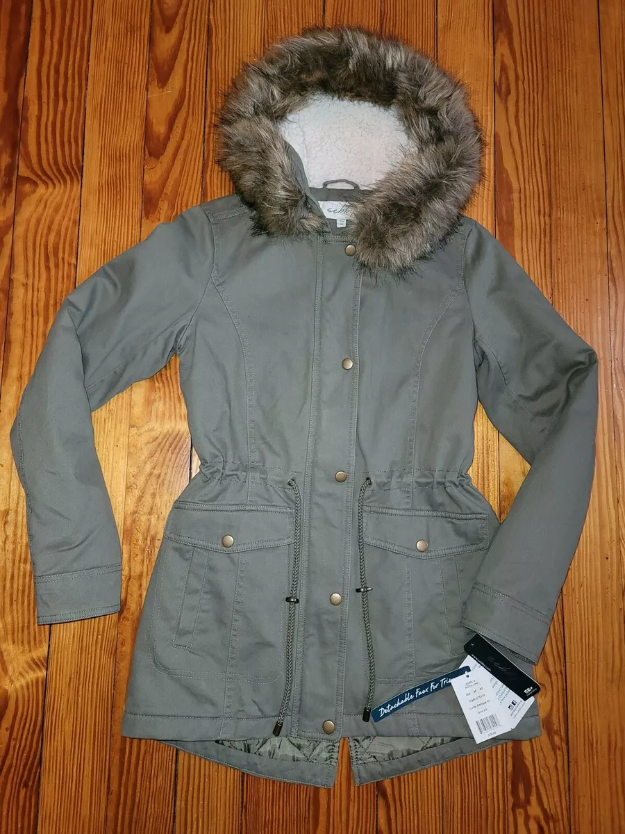 NEW Women s Coat SEBBY XS Olive Army Green Faux Fur Trim Sherpa