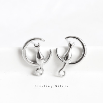 Sterling Silver 8mm Cat on the moon post stud earrings Gift Box PE25