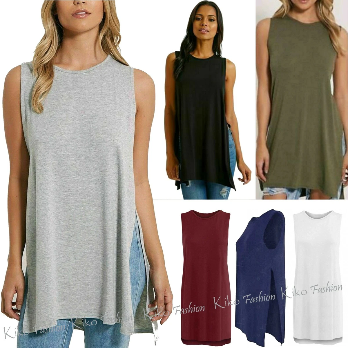 WOMENS LADIES CASUAL SLEEVELESS HIGH SIDE DIP HEM T SHIRT TUNIC VEST | eBay