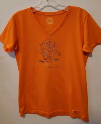 Life Is Good Orange Crusher V neck tee Coral Design Sz Smsll Short Sleeve Ladies