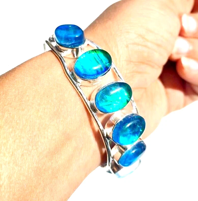 Australian Triplets Opal Gemstone 925 Sterling Silver Handmade Jewelry Bangle - Image 3 of 4