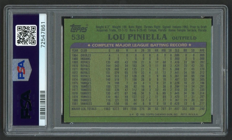 1982 TOPPS LOU PINIELLA #538 NEW YORK YANKEES PSA 7 NEAR MINT - Image 2 of 3