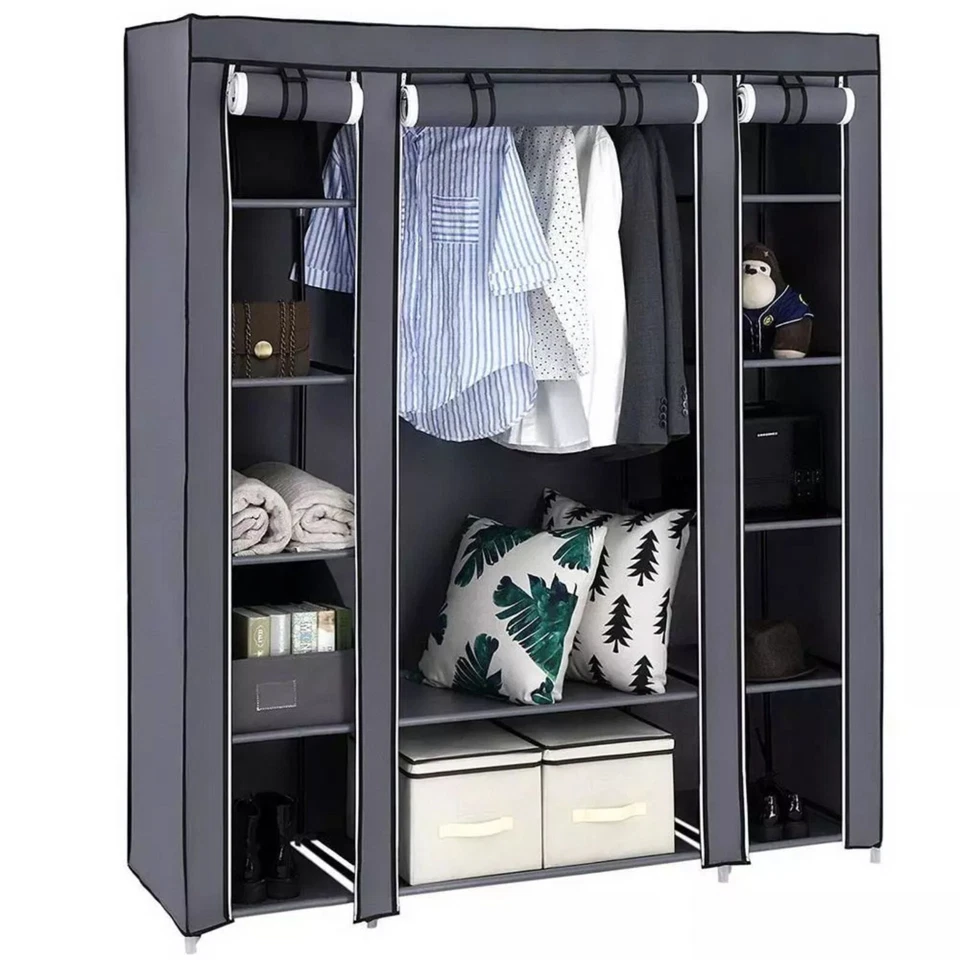 Portable Closet Wardrobe Clothes Rack Storage Organizer W/Shelves Fabric, Grey - Image 4 of 4