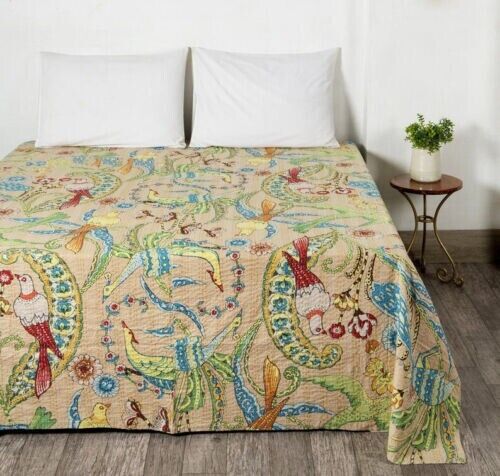 Hippie Ralli Queen Size Kantha Quilt Handmade Gudri Beige Indian Bedsheet Cotton - Picture 1 of 3