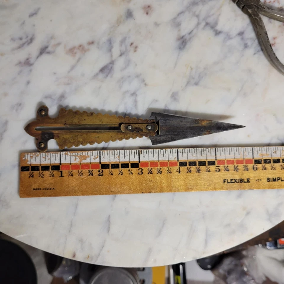 Antique 1872 D.M. Co Brass with Steel Blade Button Hole Gauge & Cutter - Image 3 of 4