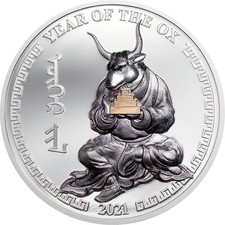2021 Mongolia Lunar Year of the Ox 1 Oz Silver Proof Coin Gold Gilded 牛 Zodiac