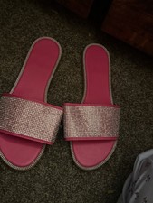Women's Pink Silver Rhinestone Slide Sandals Slip On Comfort Synthetic
