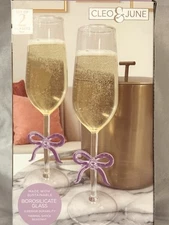 Set Of 2 PURPLE BOW Champagne Glasses Flutes Coquette Ribbon Viral TikTok Glam 