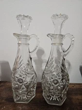 VINTAGE OIL AND VINEGAR CRUET SET WITH STOPPERS CLEAR GLASS W/Handles