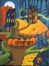 Original Folk Art Painting Cats Chase Firefly Orange Tabby Tuxedo Whimsical Mod