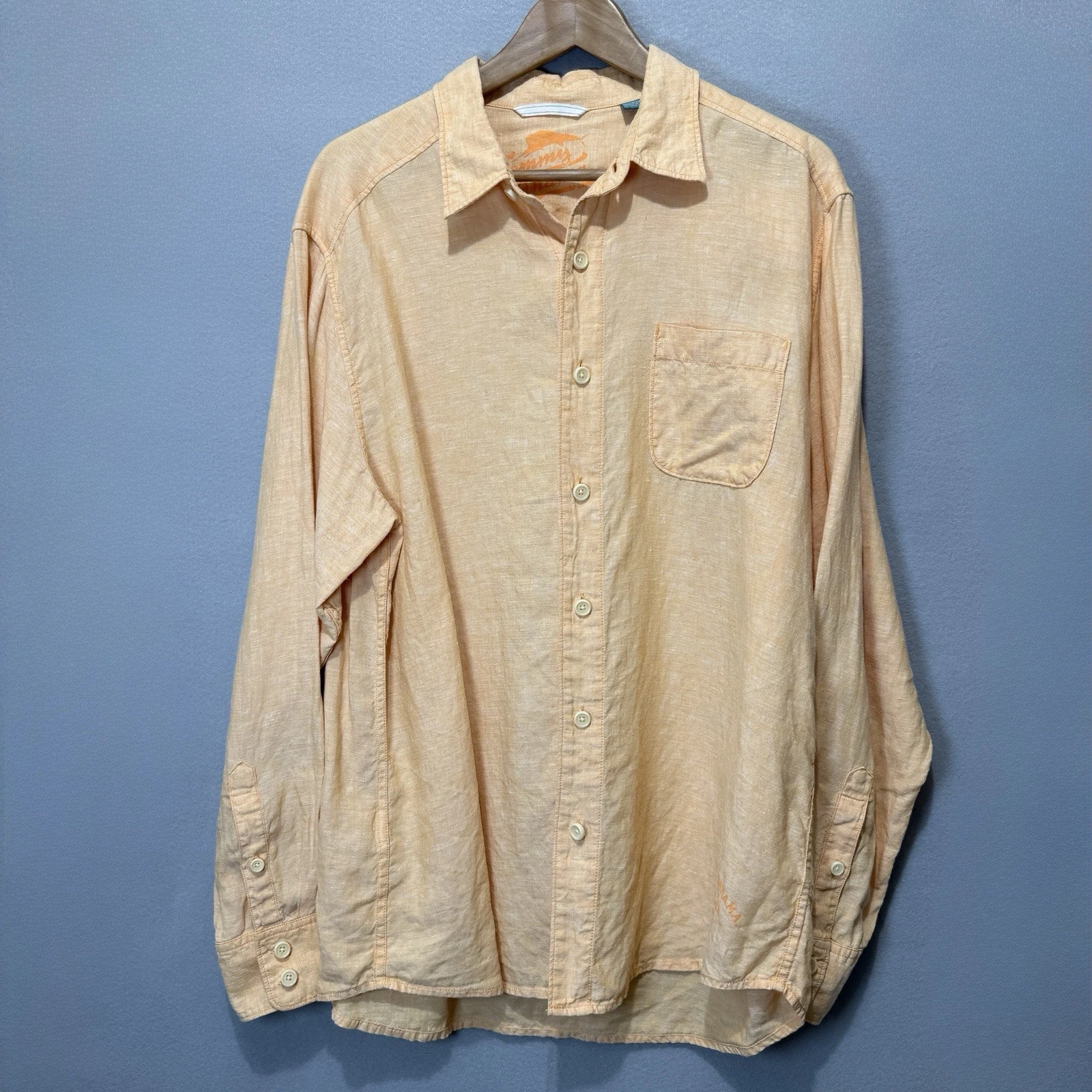 Tommy Bahama Relax 100% Linen Shirt Mens L Orange Long Sleeve Button Down Resort