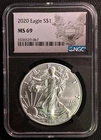 2020 SILVER EAGLE.  NGC CERTIFIED MS69. CERT. #6036529-067
