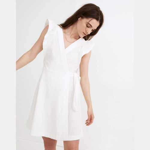 Madewell Linen Ruffle-Sleeve Wrap Mini Dress