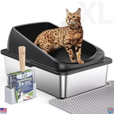 Extra Large High-Sided Stainless Steel Cat Litter Box with Scoop - Durable,