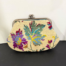 Vintage Floral Needlepoint Beaded Kiss Lock Coin Purse Wallet Beige Multicolor