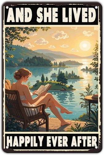 Vintage Tin Metal Sign Book Beach And She Lived Happily Ever After 8x12