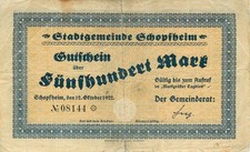 Schopfheim Stadt 500 Tausend Mark 1922 schwer gebraucht