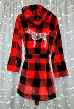 Victoria's Secret PINK Sequin Bling Hooded Red Plaid Plush Fleece Robe Size XS/S