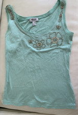 Moschino Jeans Italiano COMO NUEVO VERDE PLATA METAL GANCHO OJO BROCHE CAMISETA SIN MANGAS EE. UU. 6 IT4