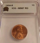 1954 S Lincoln Wheat Cent ICG MS67 RD Mint State Graded Certified Copper Penny