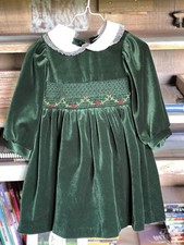 Vintage Little Bitty Green Velvet Smocked Long Sleeve Party Dress 2T