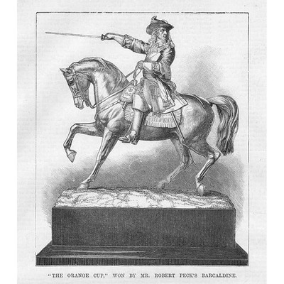PFERDERENNEN Der orangefarbene Pokal gewonnen von Robert Peck's Barcaldine - antiker Druck 1883