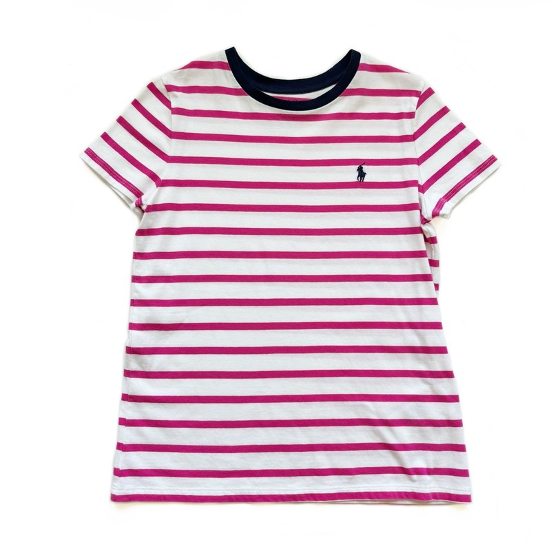 Girls K 12/14 Polo Ralph Lauren Striped T-Shirt White w Pink Stripes Navy Blue