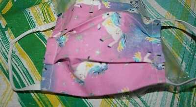 Unicorn Face Mask Child Size Cotton Pink Purple 2 Layers Fabric Filter Pocket