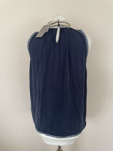 Gustav Navy Blue Gold White High Choker Neck A-Shape Top Size M UK 12 BNWT Bead - Picture 7 of 10