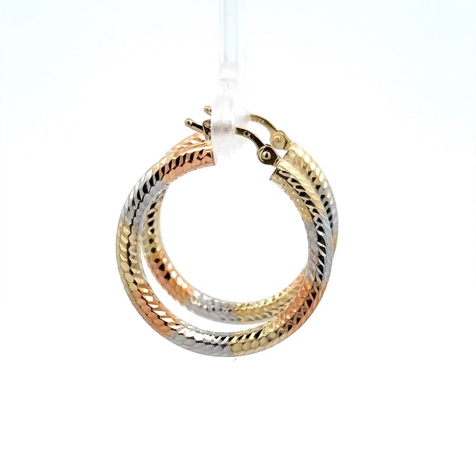 14K Rose Yellow & White Tri Color Gold Diamond Cut Finish Classic Hoop Earrings - Image 3 of 4