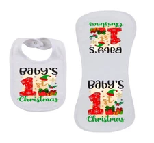Baby's 1st Christmas Elf Hat Infant Bib and Peanut Shaped Burper Set Polyester
