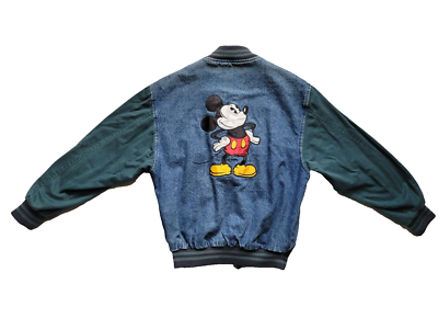 VTG 90s Genius DISNEY Mickey Mouse Denim Blue Green Snap Varsity