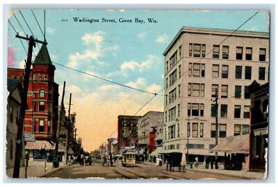 #ad Green Bay Wisconsin WI Postcard Washington Street Business Section 1912 Antique $19.47