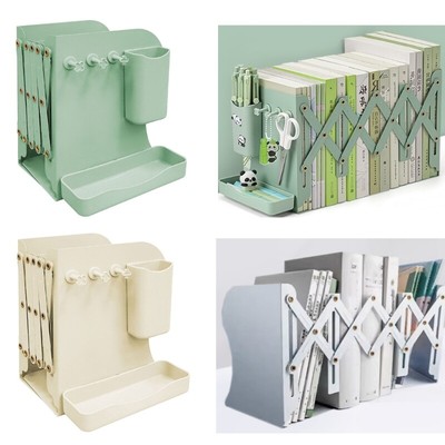 Adjustable Desk Storage Bookend with Pen Holder, Expandable Metal Bookend