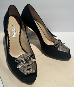 OSCAR DE LA RENTA Black Linen Leather LIZARD SKIN Open Toe High Heel Shoes Pumps