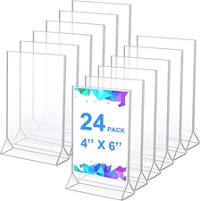 Yulejo 24 Pack Acrylic Sign Holder, Plastic Clear Table Display Holder Double Si